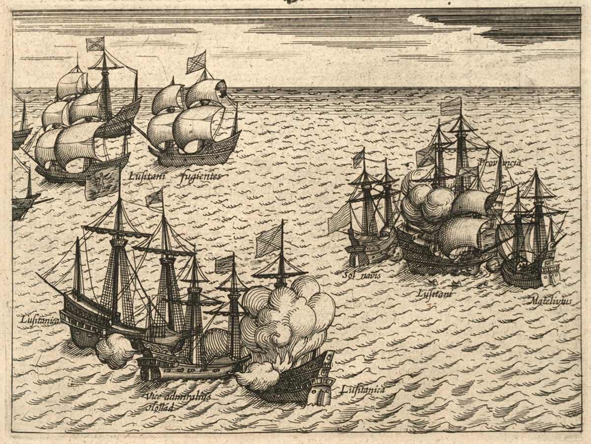 Copper engraving: sailing ships firing their cannons in a sea battle off Malacca