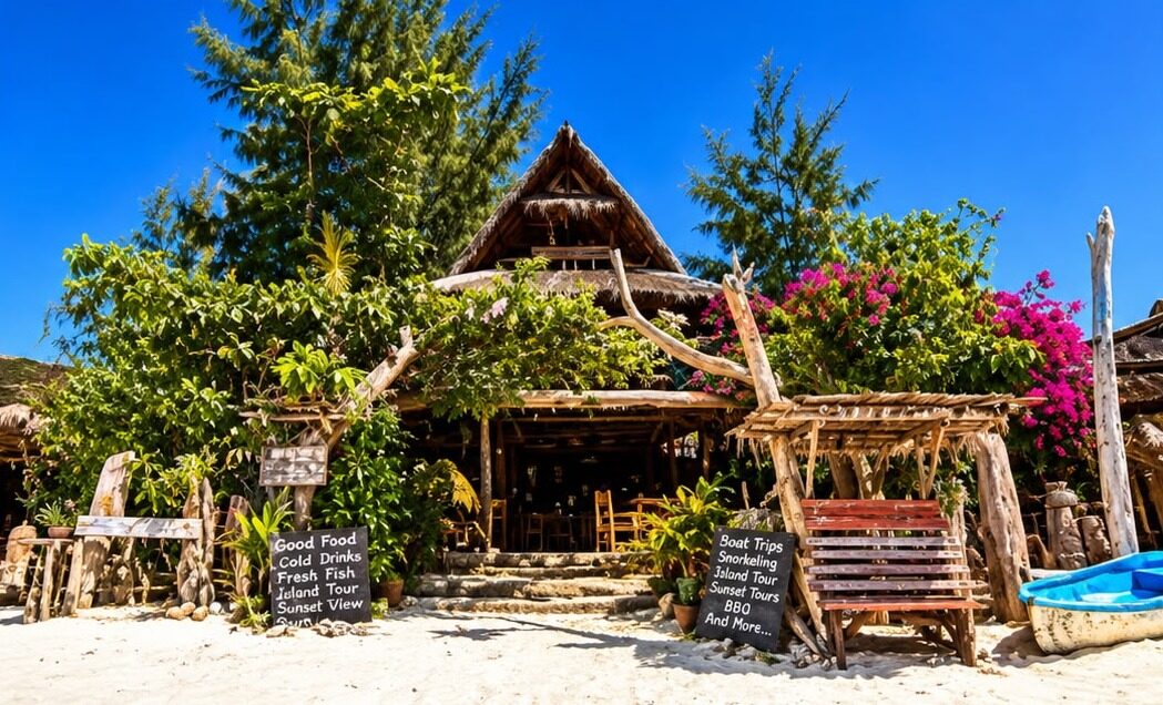 The café front on the beach with blackboards for food and boat trips
