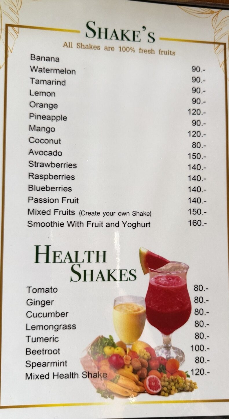Café Lipe menu, page 2 of 16: fruit shakes and health shakes, with prices in baht